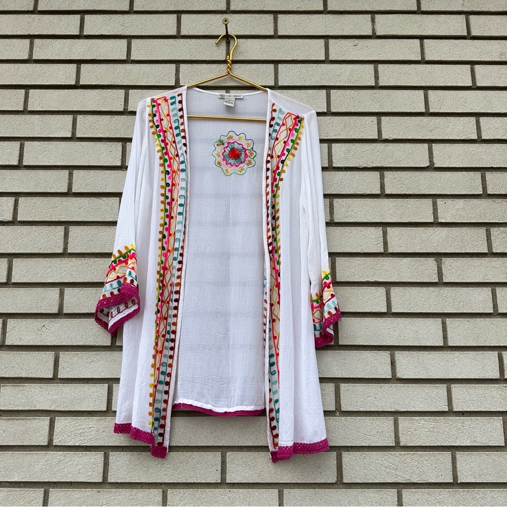 Cute Options White Embroidered Boho Kimono Open Front Sheer Festival Layer M